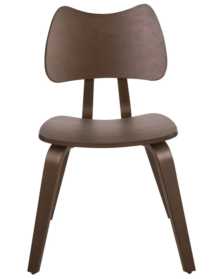 Mid-century inspired dining chair with a sculpted curved walnut wood backrest, contoured wooden seat, and angled dark wood legs, displayed against a clean white background.