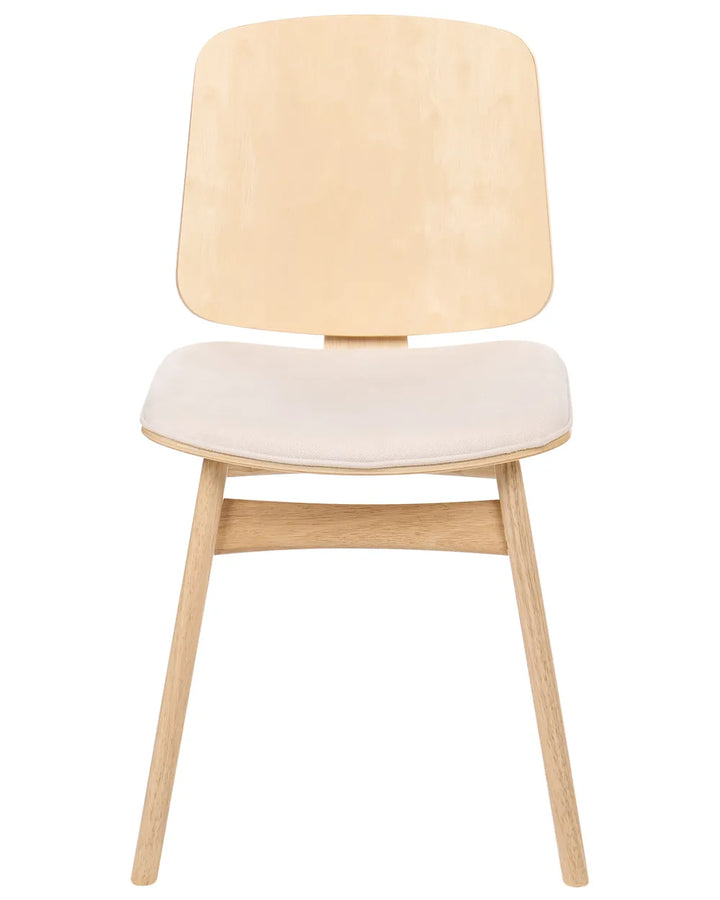 Modern dining chair with a light oak finish, curved plywood backrest, and soft cream upholstered seat, offering a clean Scandinavian-inspired look with everyday comfort.