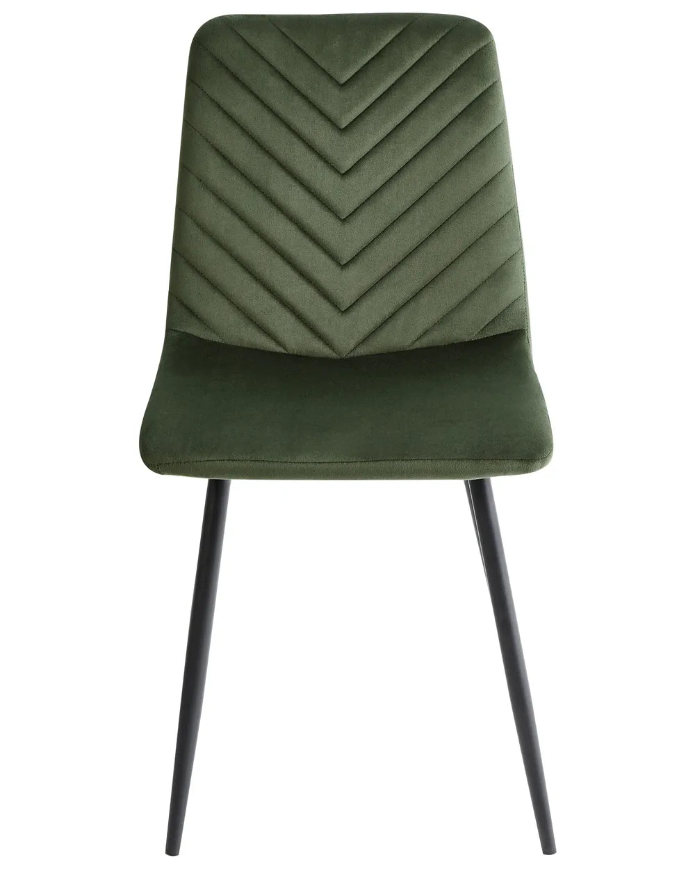 Green velvet dining chair with chevron-stitched backrest and sleek black metal legs.
