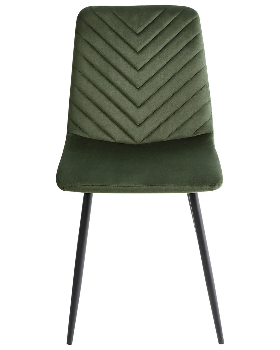 Green velvet dining chair with chevron-stitched backrest and sleek black metal legs.