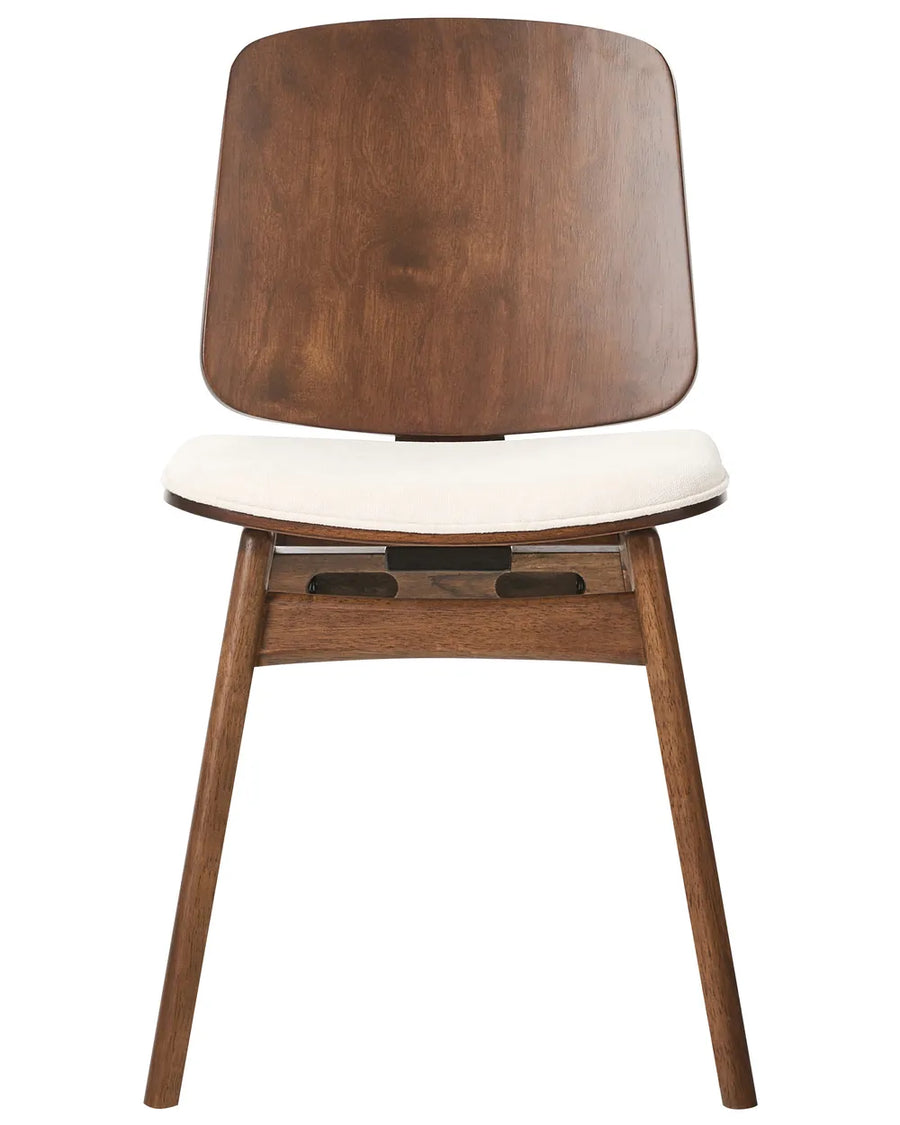 Mid-century inspired dining chair with a rich walnut finish, curved plywood backrest, and a soft cream cushioned seat for a warm, modern, and comfortable dining setup.
