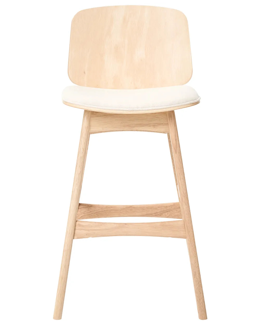 Modern counter-height dining chair with a light oak finish, gently curved wooden backrest, and soft cream upholstered seat, designed for a clean Scandinavian look with added comfort.