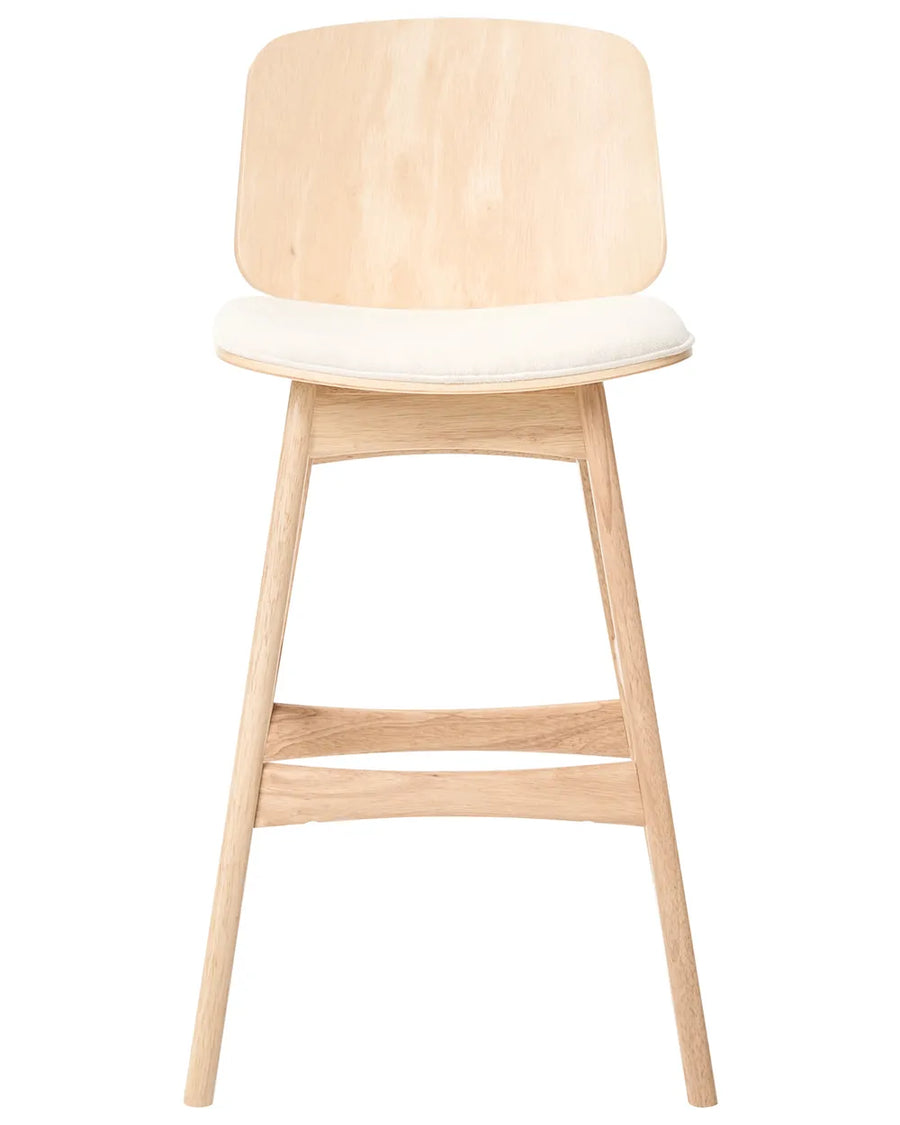 Modern counter-height dining chair with a light oak finish, gently curved wooden backrest, and soft cream upholstered seat, designed for a clean Scandinavian look with added comfort.