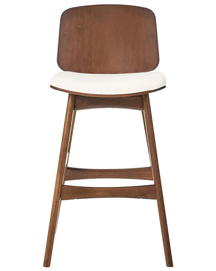 Modern counter-height chair with a warm walnut finish, gently curved wooden backrest, and soft cream upholstered seat, blending mid-century style with everyday comfort.