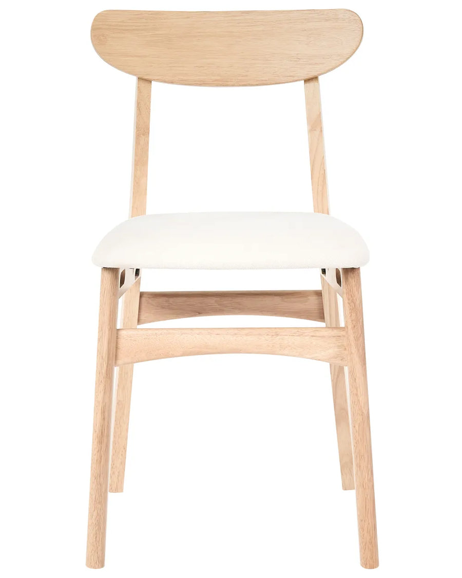 Light oak dining chair with a gently curved wooden backrest, soft upholstered seat, and clean minimalist frame, combining Scandinavian simplicity with everyday comfort.