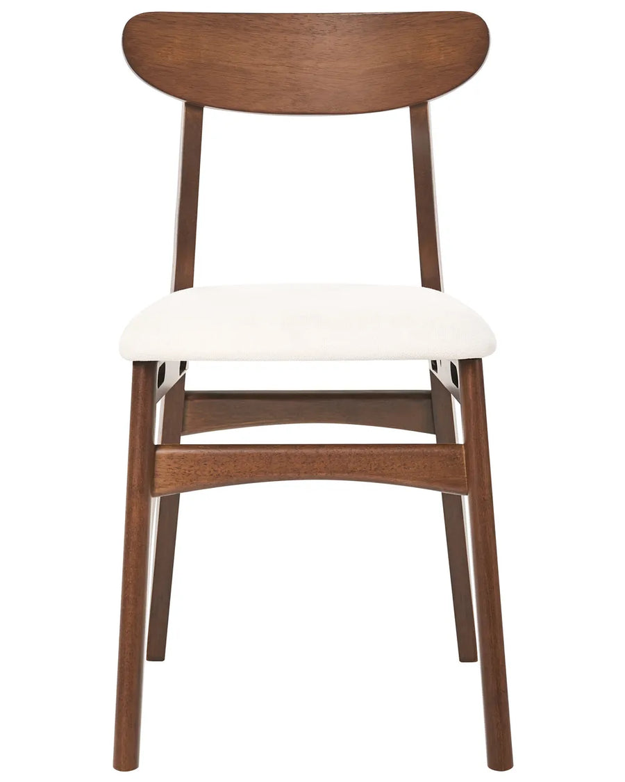 Dark walnut dining chair with a gently curved wooden backrest, soft upholstered seat, and sleek tapered legs, blending mid-century charm with modern everyday comfort