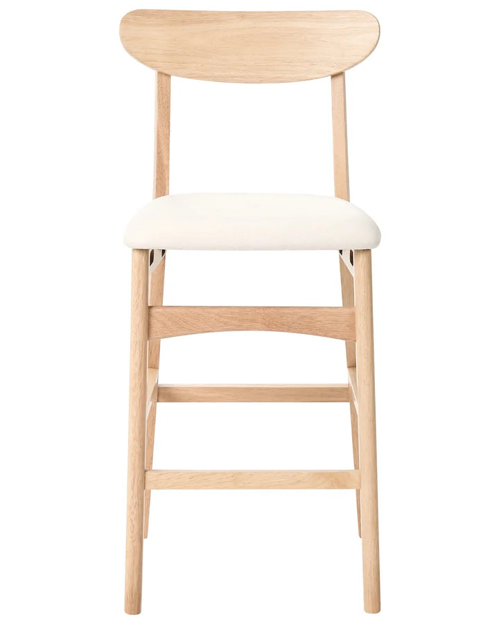 Light oak bar chair with a curved wooden backrest, soft upholstered seat, and clean minimalist silhouette, offering a warm Scandinavian-inspired look with everyday comfort.