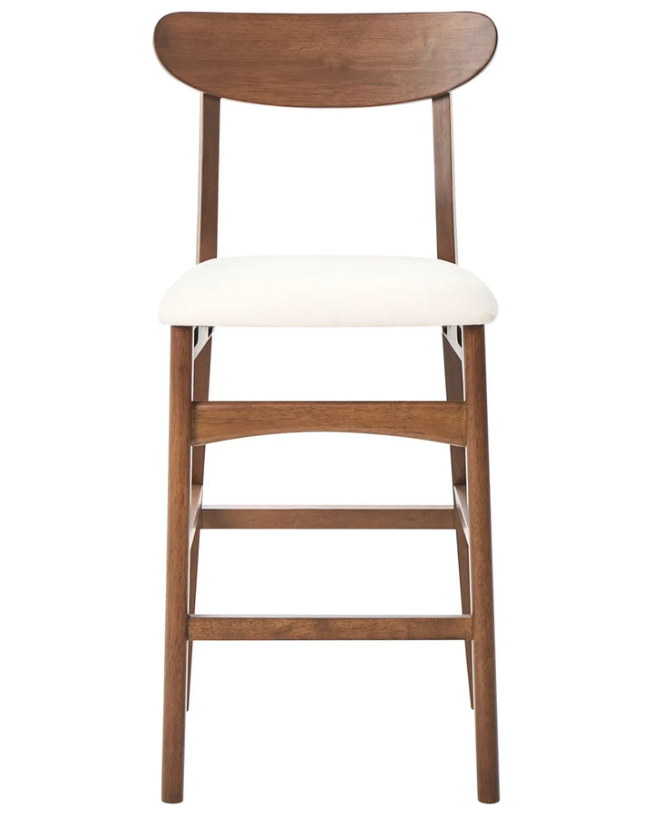 Dark walnut bar chair with a curved wooden backrest, cushioned upholstered seat, and streamlined silhouette, blending timeless mid-century design with elevated comfort and durability.