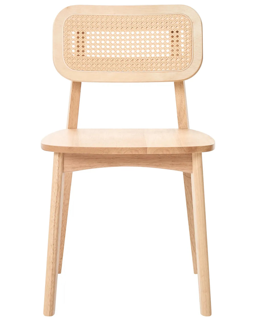 Light wood dining chair featuring a woven rattan backrest, smooth wooden seat, and clean minimalist silhouette, blending Scandinavian simplicity with natural organic texture.