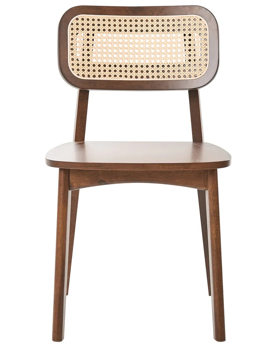 Dark wood dining chair featuring a woven rattan backrest, smooth wooden seat, and clean minimalist silhouette, blending mid-century warmth with natural texture for a timeless dining look.