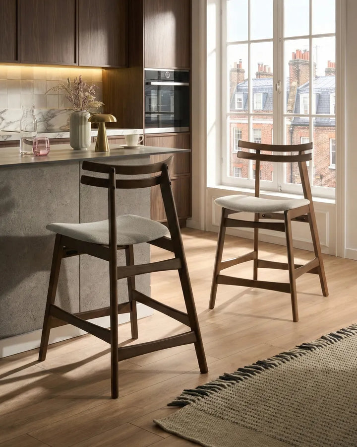 Set of 2 Bar Chairs Wood Brown/ Light Beige Terra