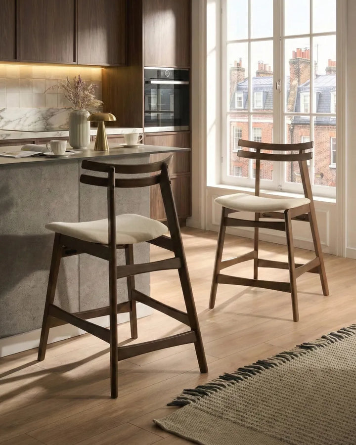Set of 2 Bar Chairs Wood Brown/ Off-White Terra
