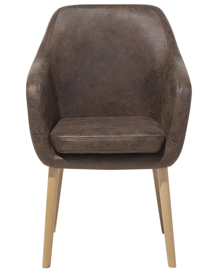 Vintage brown faux leather dining chair with a cushioned seat, wraparound armrests, and natural wood legs for classic comfort and style.
