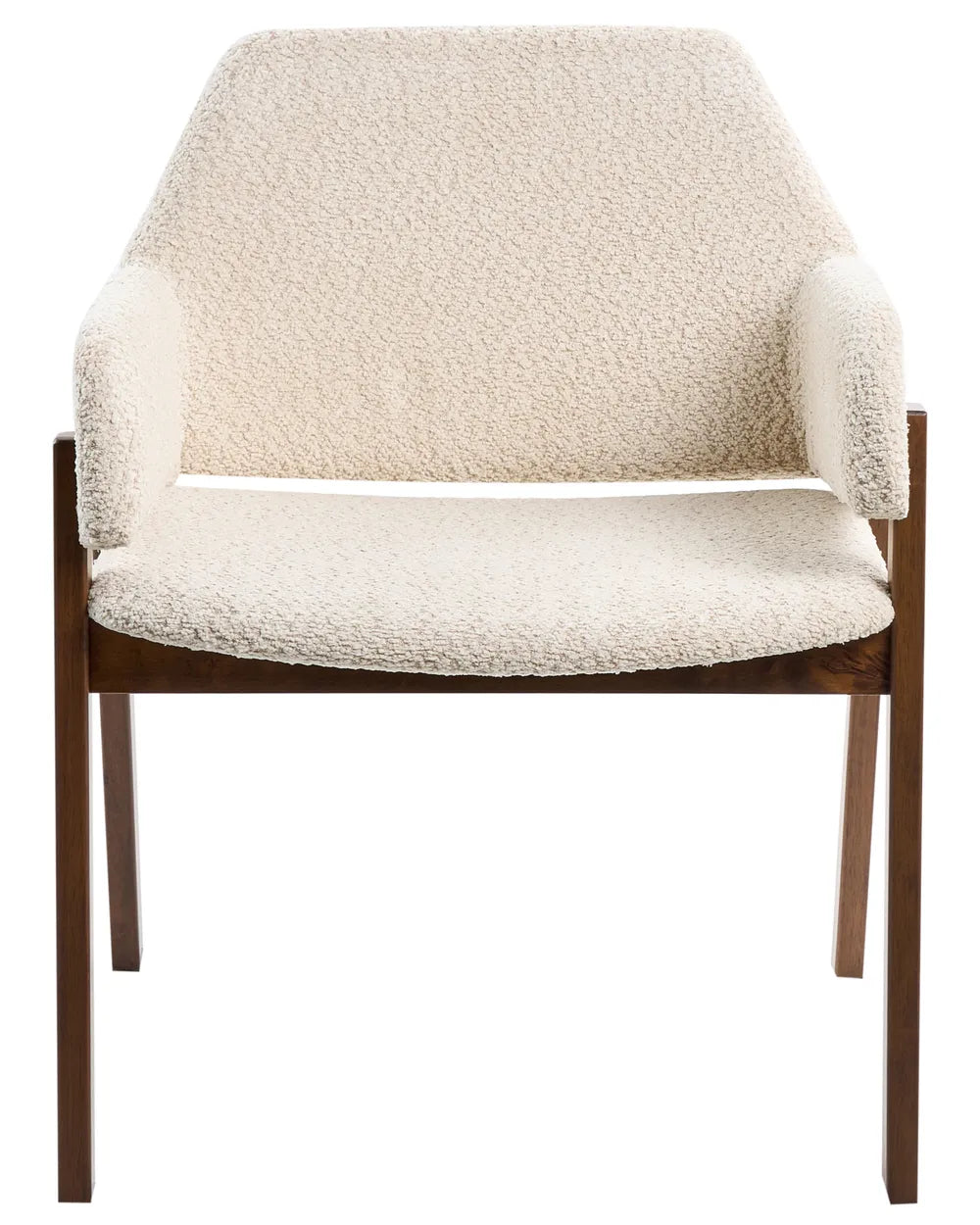 Cream bouclé armchair with a curved back, integrated armrests, and a walnut-finish wooden frame.