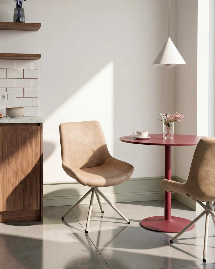 Tan dining chairs styled in a bright contemporary space, adding warm tones and modern comfort to a casual dining area.