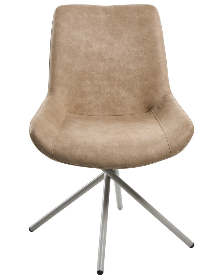 Tan faux leather dining chair with a curved seat, supportive backrest, and modern swivel-style metal base.