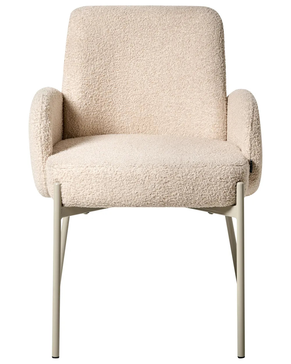 Contemporary dining chair upholstered in soft cream bouclé fabric, featuring rounded armrests, a generously padded seat, and slim light-beige metal legs for a clean, sophisticated look.