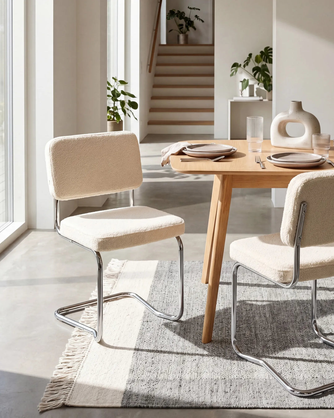Light beige bouclé cantilever dining chairs with silver metal frames arranged around a dining table in a bright, modern dining space with minimalist décor.