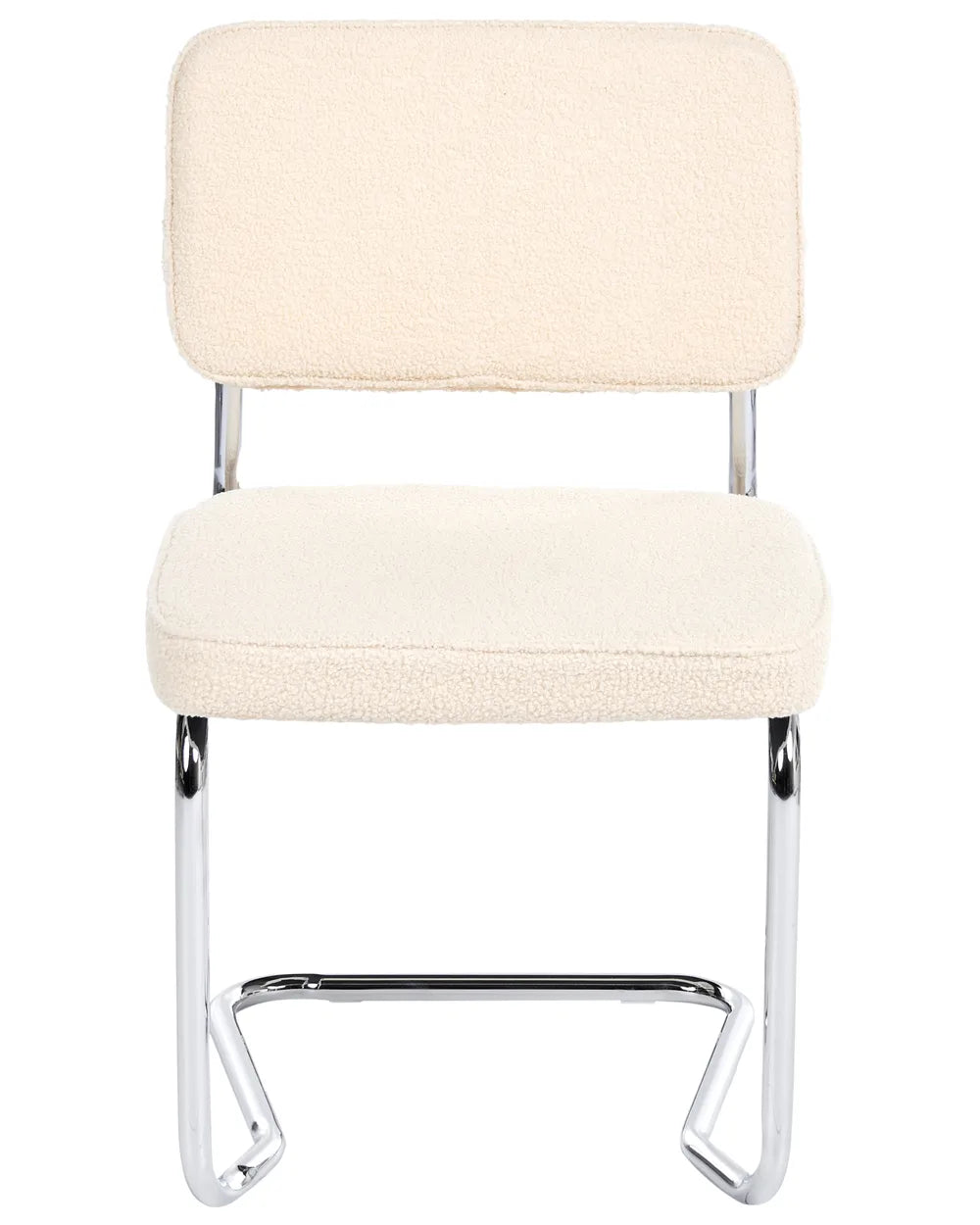 Light beige bouclé cantilever dining chair without armrests, with an upholstered seat and backrest, on a silver-tone metal frame.