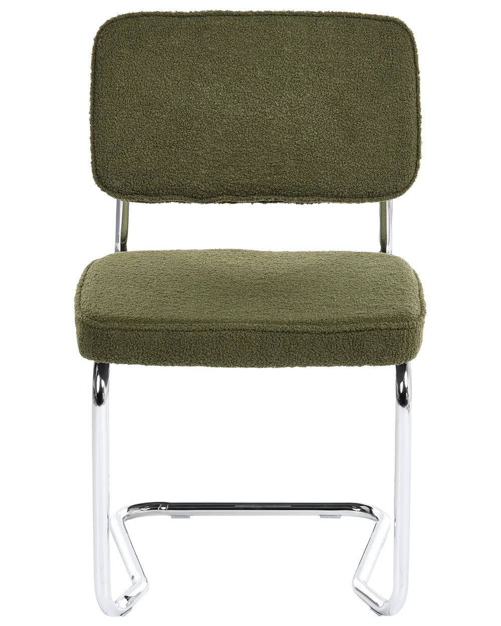 Green bouclé cantilever dining chair without armrests, with an upholstered seat and backrest, on a silver-tone metal frame.