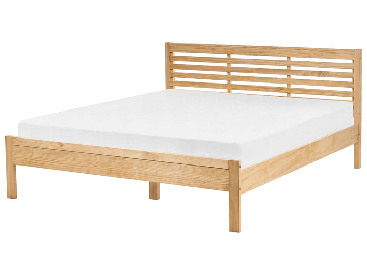 Light brown pine wood bed frame in a white background.