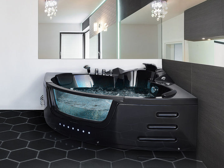 Whirlpool Corner Bath with LED 2140 x 1550 mm Black Martinica