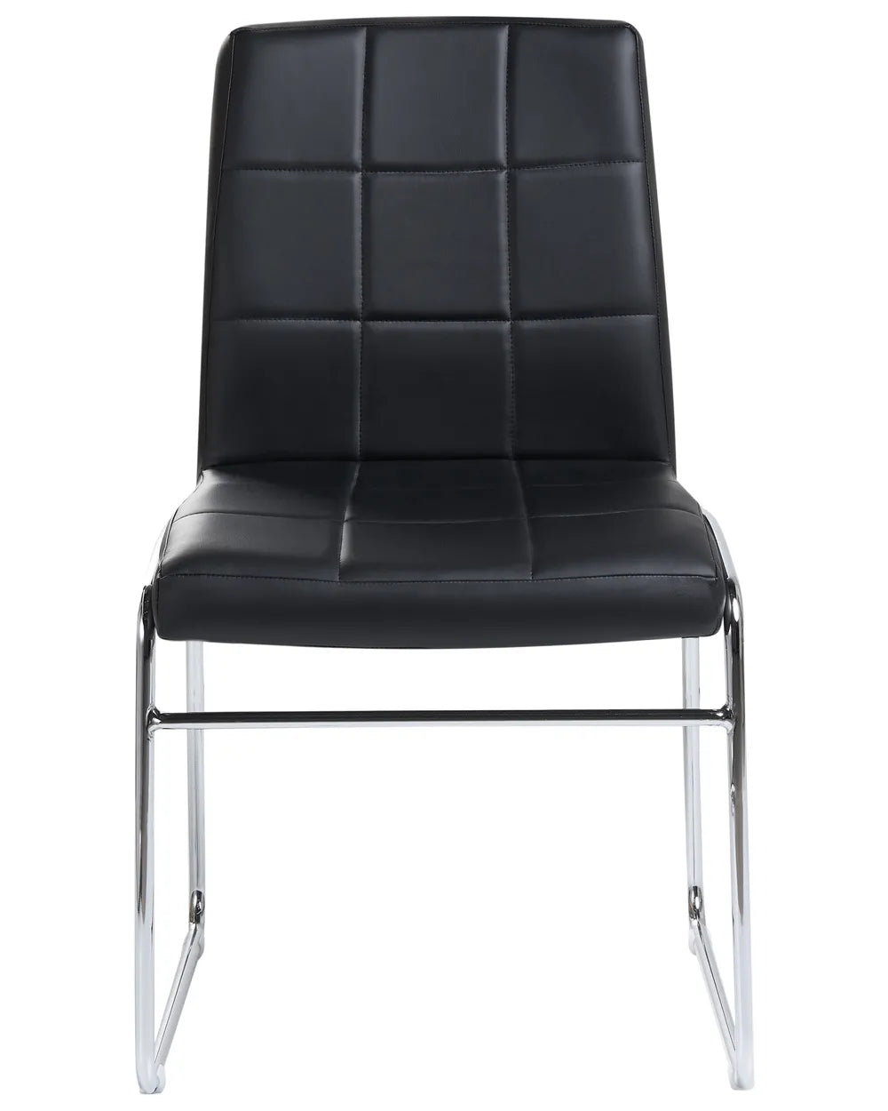 Black faux leather dining chair with a quilted square-stitched backrest, padded seat, and polished chrome cantilever frame, photographed on a white background.