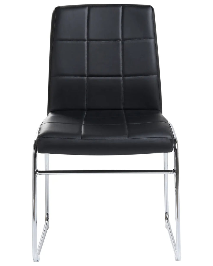 Black faux leather dining chair with a quilted square-stitched backrest, padded seat, and polished chrome cantilever frame, photographed on a white background.
