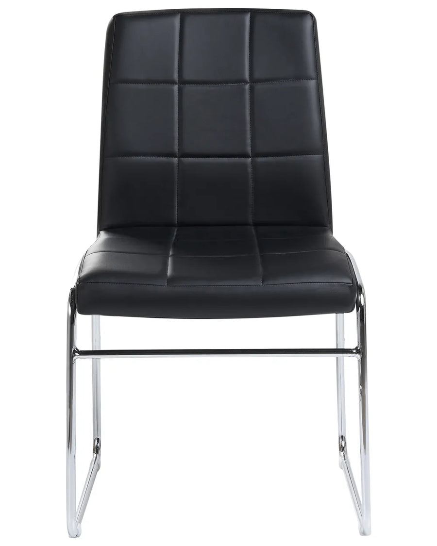 Black faux leather dining chair with a quilted square-stitched backrest, padded seat, and polished chrome cantilever frame, photographed on a white background.