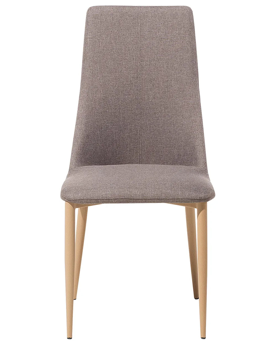 Contemporary dining chair upholstered in soft taupe-grey fabric, featuring a gently curved high backrest and a padded seat for enhanced comfort. The slim, tapered wood-effect legs add warmth and a refined Scandinavian-inspired touch.