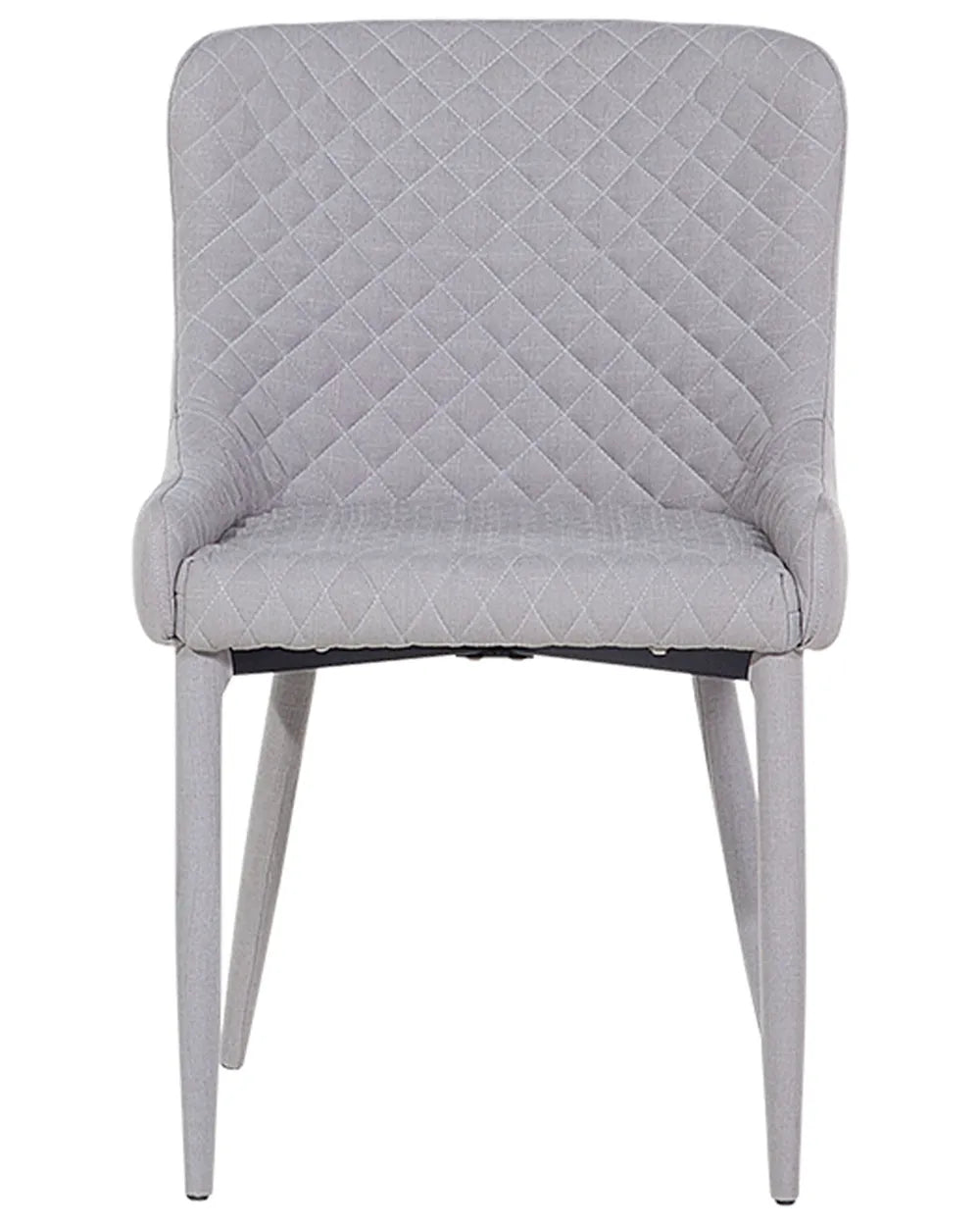 Light grey dining chair with diamond quilting, curved armrests, and black metal legs.