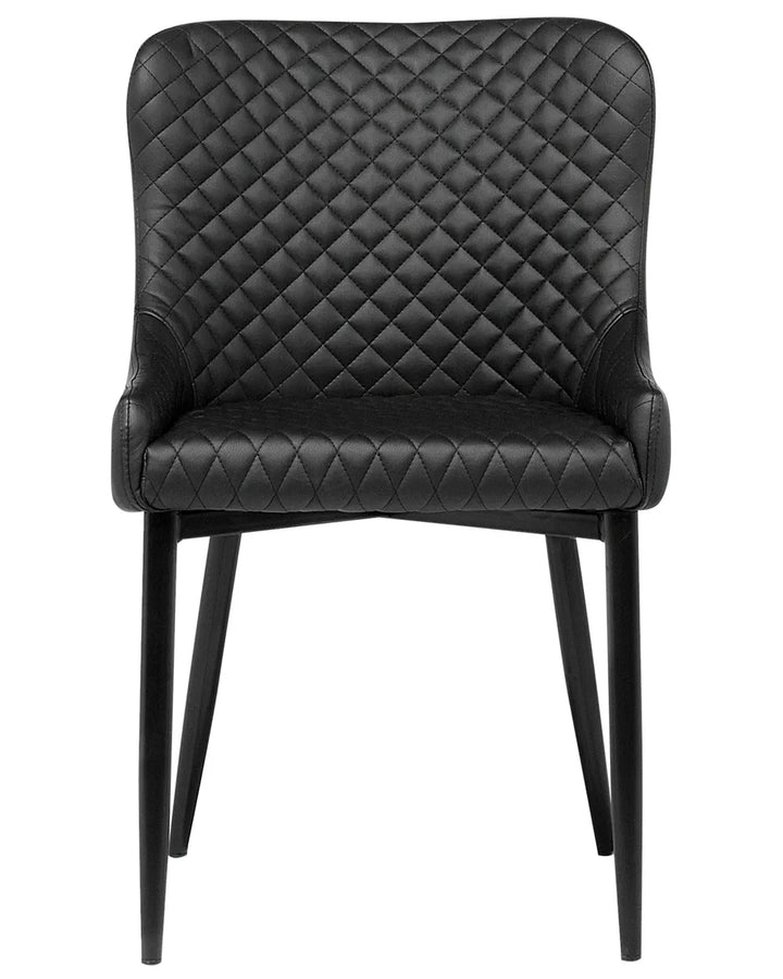 Black faux leather dining chair with diamond-quilted upholstery, padded armrests, and black wooden legs for a sleek, sophisticated look.