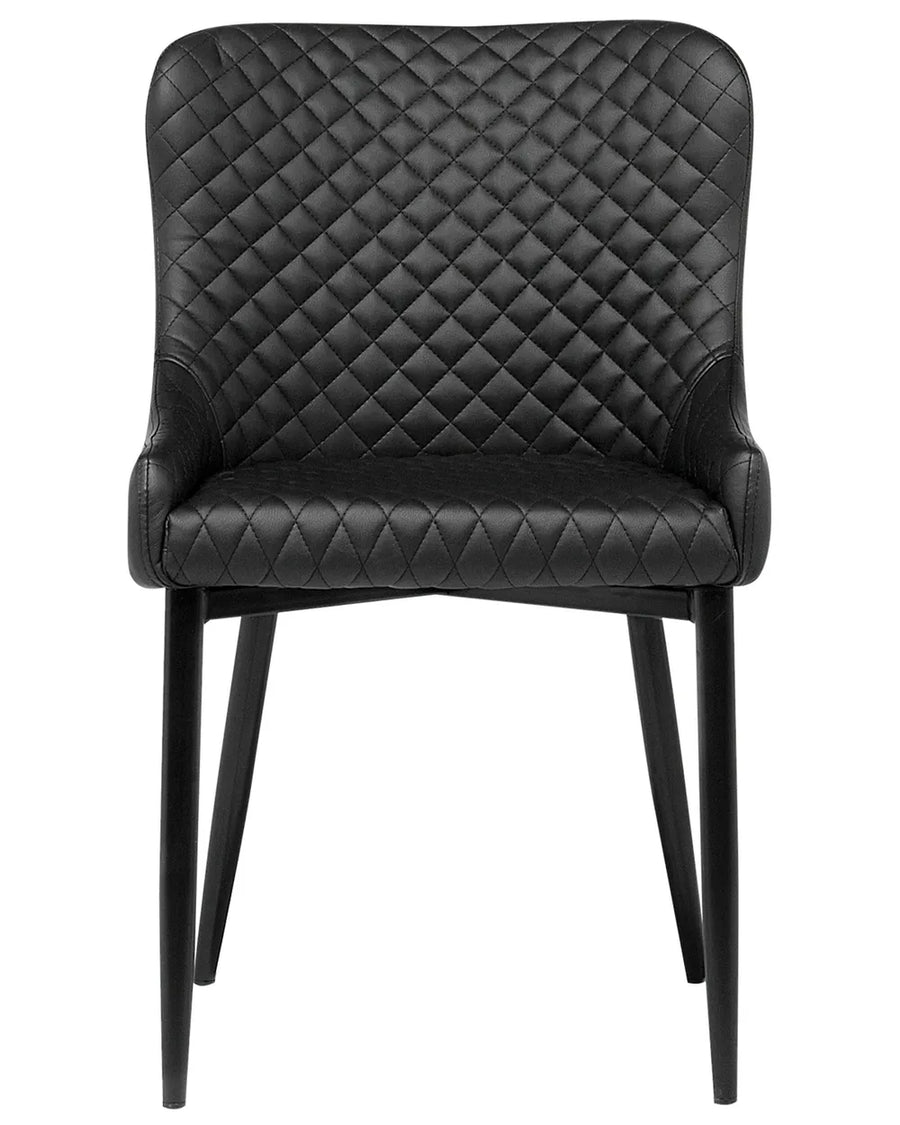 Black faux leather dining chair with diamond-quilted upholstery, padded armrests, and black wooden legs for a sleek, sophisticated look.