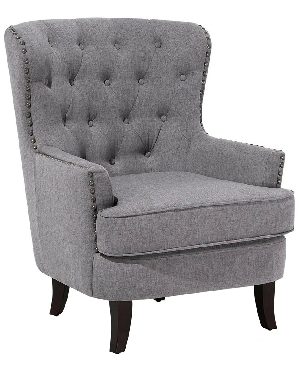 Gray upholstered chair with buttoned backrest and nailhead trim on a white background