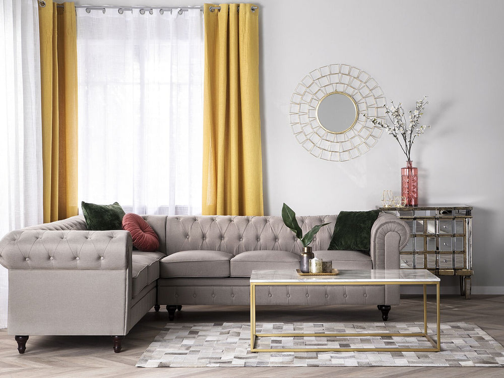 Chesterfield Right Hand Fabric Corner Sofa Beige 