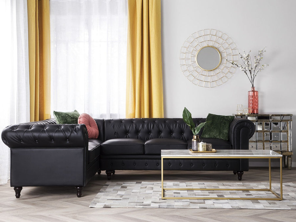 Chesterfield Right Hand Faux Leather Corner Sofa Black