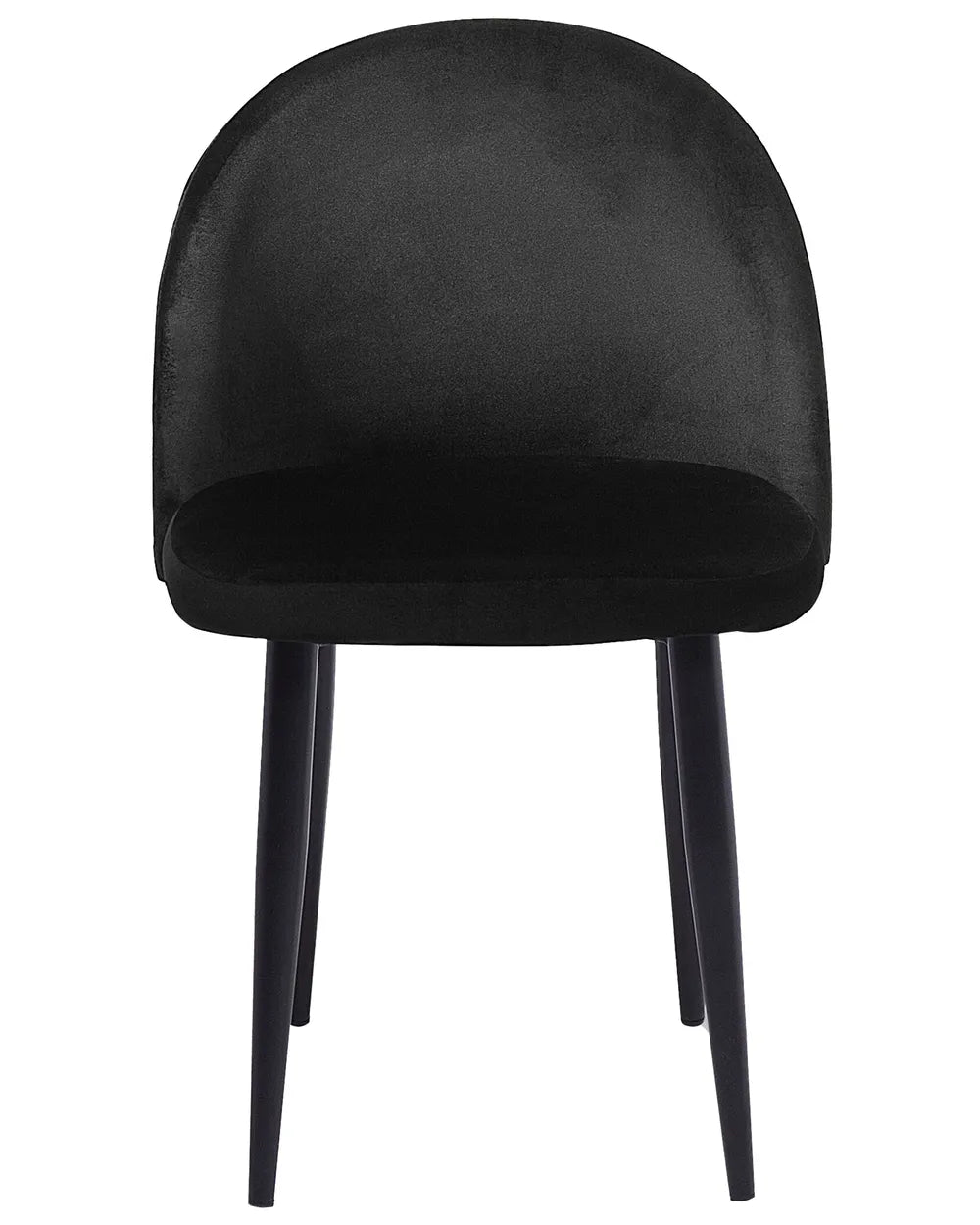 Black velvet dining chair with a curved backrest, cushioned seat, and sleek tapered black legs.