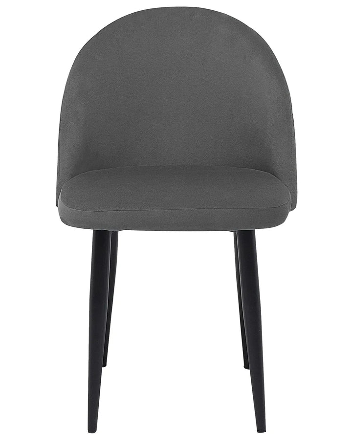 Grey velvet dining chair with a curved wraparound back, padded seat, and slim black legs for a sleek contemporary look.