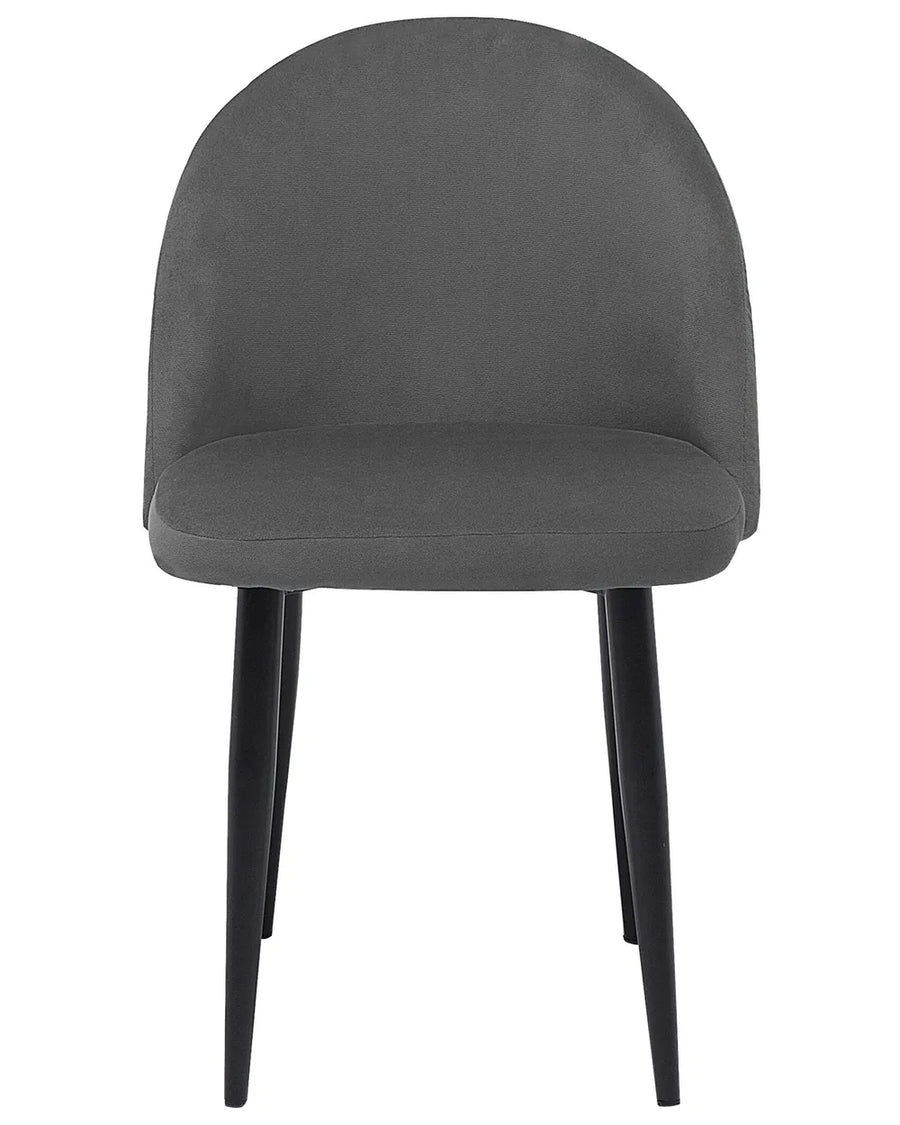Grey velvet dining chair with a curved wraparound back, padded seat, and slim black legs for a sleek contemporary look.