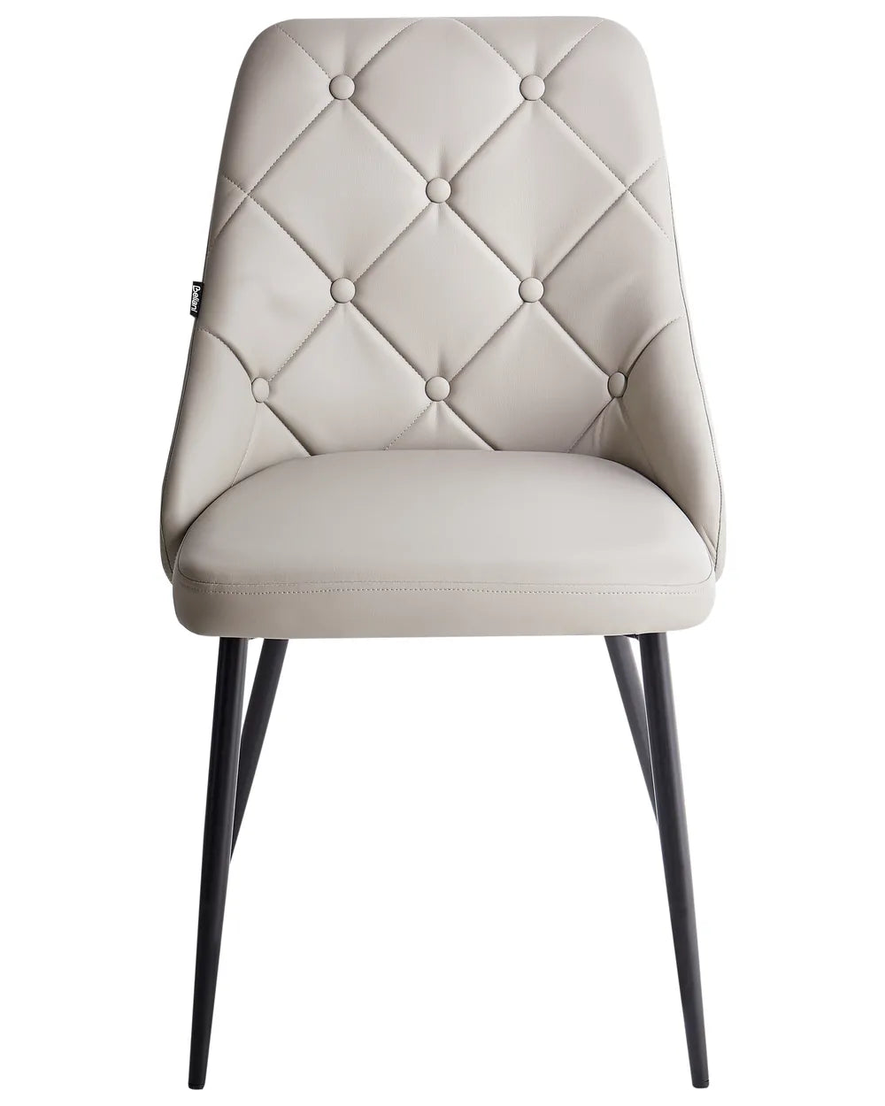 Light beige faux leather dining chair with elegant diamond-tufted button detailing, a padded seat, and sleek black metal legs for a sophisticated contemporary look.