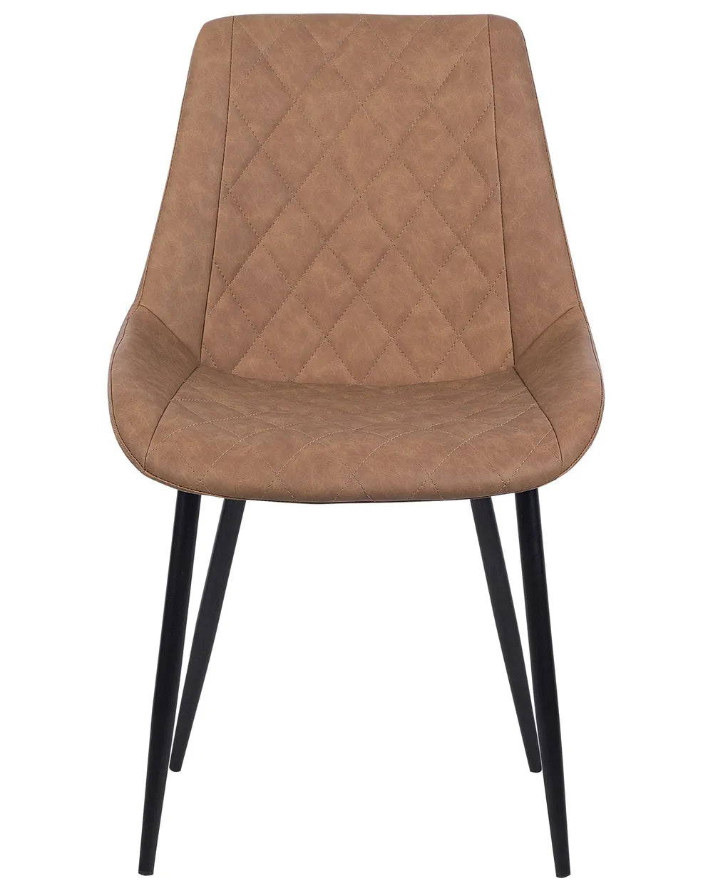 Modern dining chair upholstered in warm brown faux leather with elegant diamond-quilted stitching, a gently curved silhouette, and sleek black metal legs for a refined contemporary look.