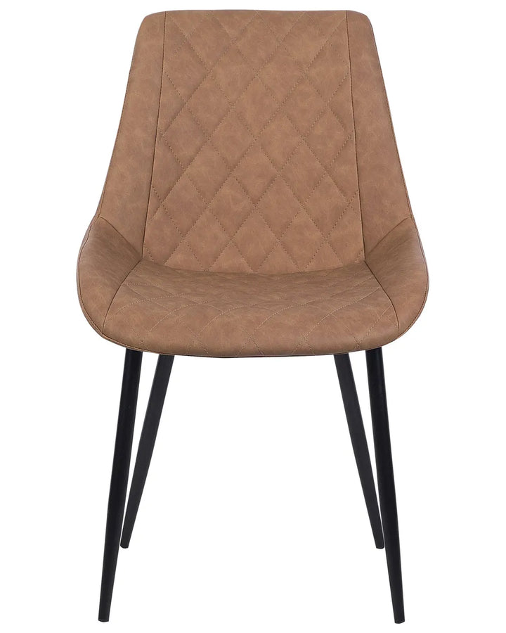 Modern dining chair upholstered in warm brown faux leather with elegant diamond-quilted stitching, a gently curved silhouette, and sleek black metal legs for a refined contemporary look.