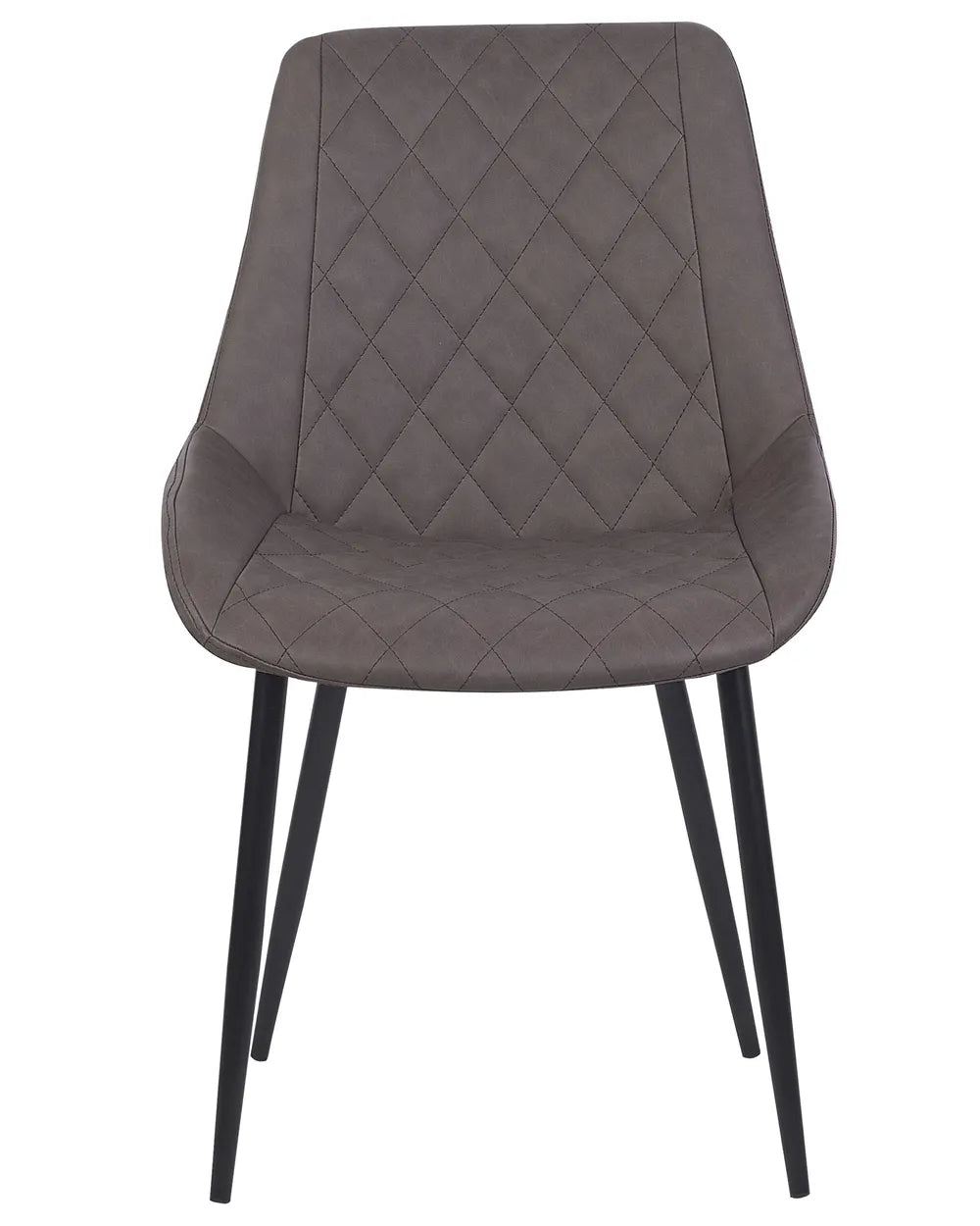 Grey faux leather dining chair with diamond-quilted stitching, a curved silhouette, and sleek black metal legs for a modern look.