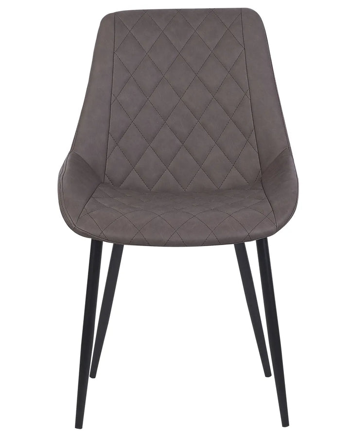 Grey faux leather dining chair with diamond-quilted stitching, a curved silhouette, and sleek black metal legs for a modern look.