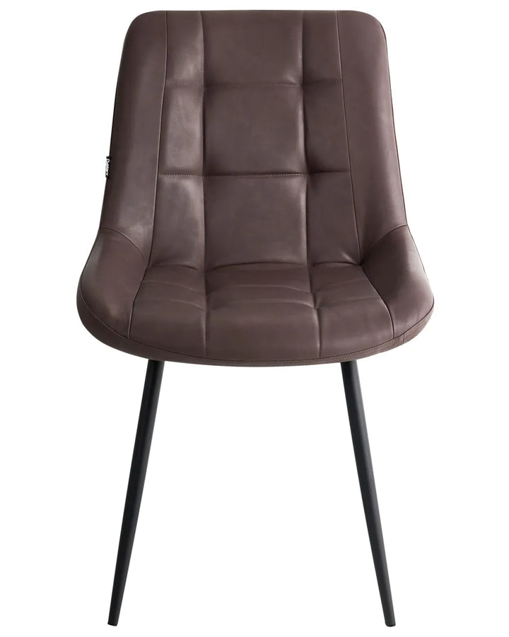 Brown faux leather dining chair with a cushioned, quilted backrest, curved seat, and black metal legs, shown on a white background.