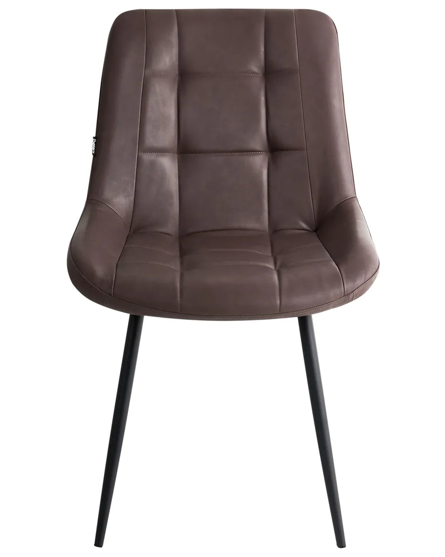 Brown faux leather dining chair with a cushioned, quilted backrest, curved seat, and black metal legs, shown on a white background.