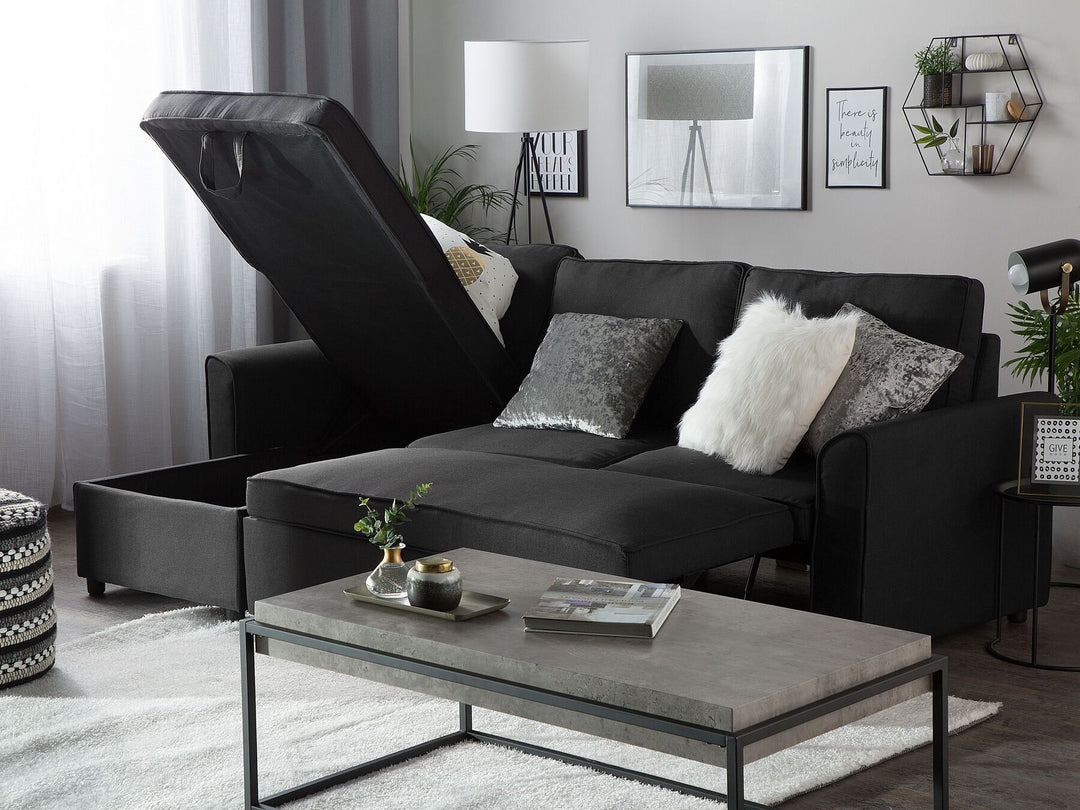 Nesna Right Hand Faux Leather Corner Sofa Bed with Storage Black