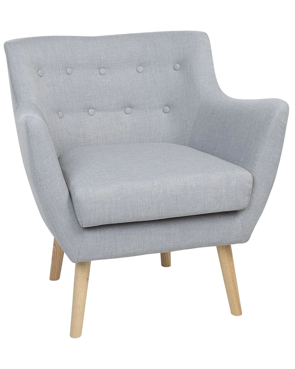 Gray upholstered armchair with wooden legs on a white background