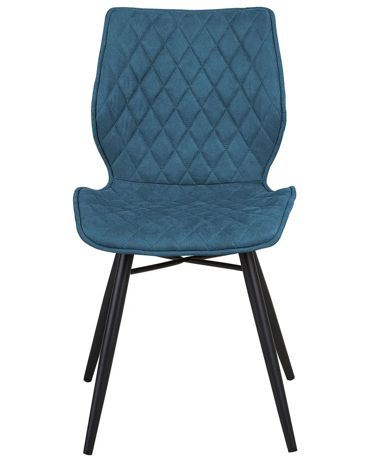 Blue quilted velvet dining chair with a diamond-stitched design, winged seat, and black metal legs.