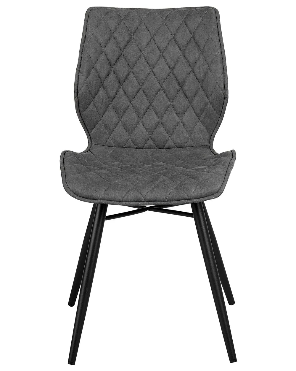 Dark grey quilted dining chair with diamond stitching, a contoured seat, and black metal legs.